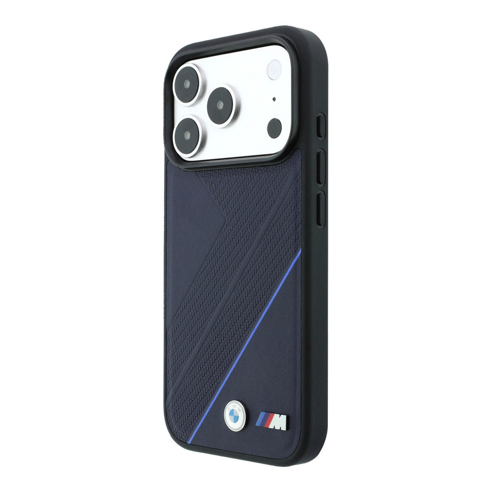 Zwart BMW telefoonhoesje met bandprofiel, blauwe lijn en M-logo, vanaf de andere zijkant