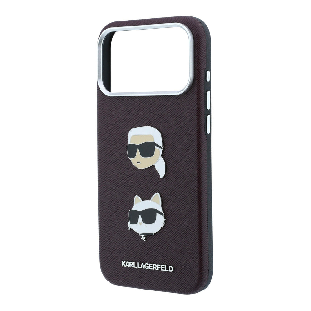 Leeg bordeauxkleurig Karl Lagerfeld telefoonhoesje met hoofden van Karl en Choupette en camera-uitsparing