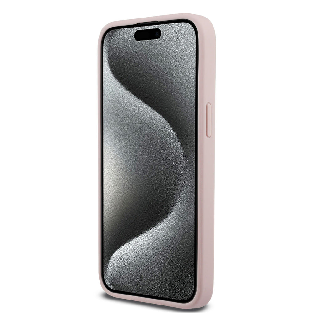 Roze Guess telefoonhoesje, van voren op een telefoon