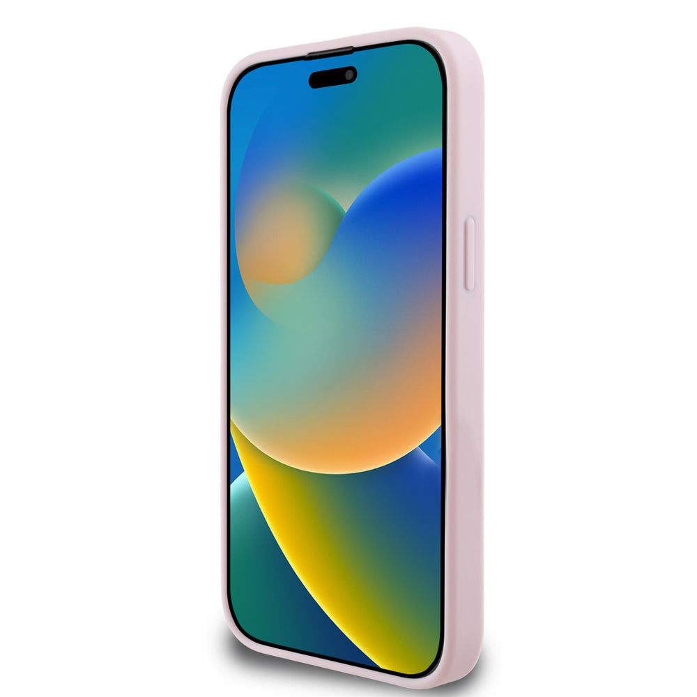 Roze Guess telefoonhoesje, van voren op een telefoon