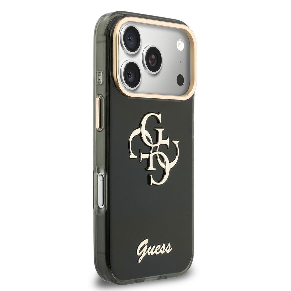 Zwart Guess telefoonhoesje met groot 4G-logo en schriftlogo, vanaf de andere zijkant