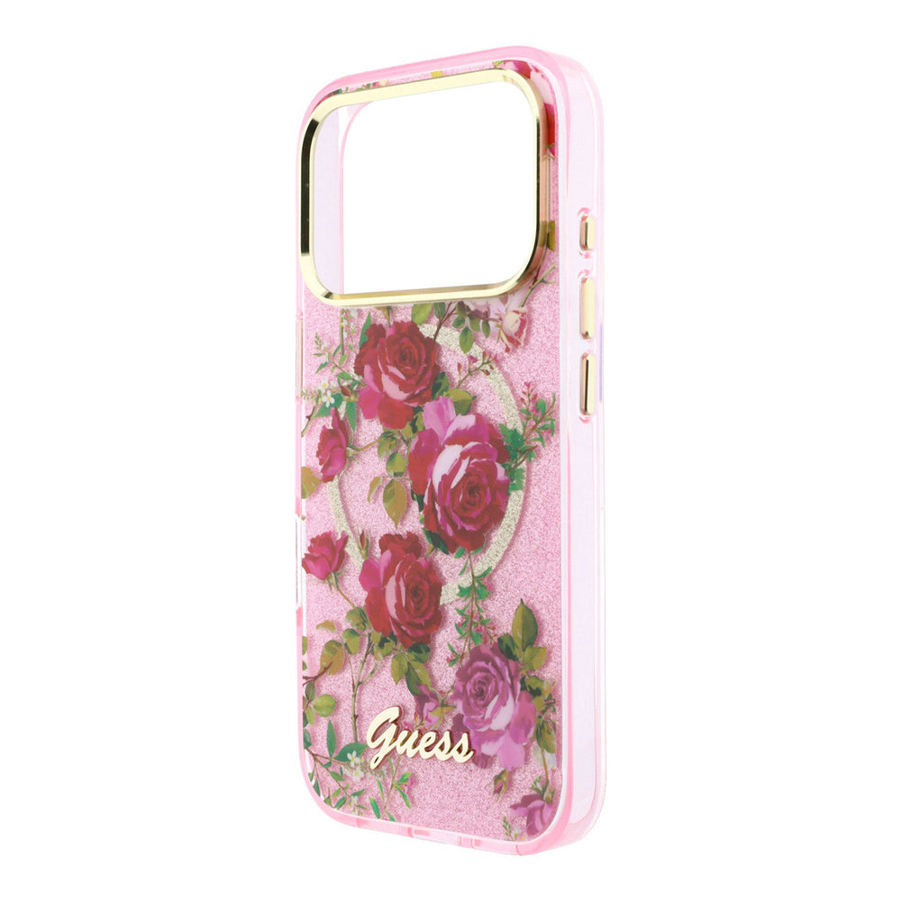 Leeg roze Guess telefoonhoesje met rozenprint, ring en camera-uitsparing