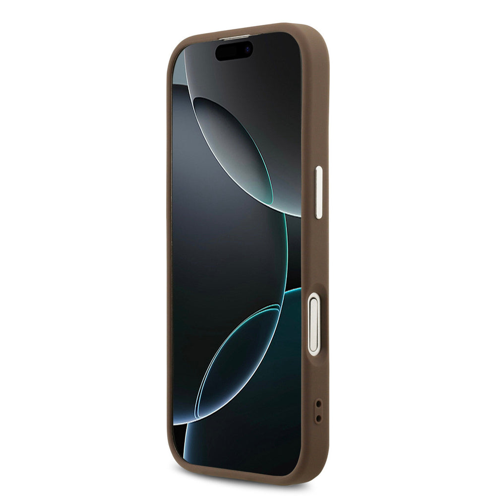 Bruin Guess telefoonhoesje, van voren op een telefoon