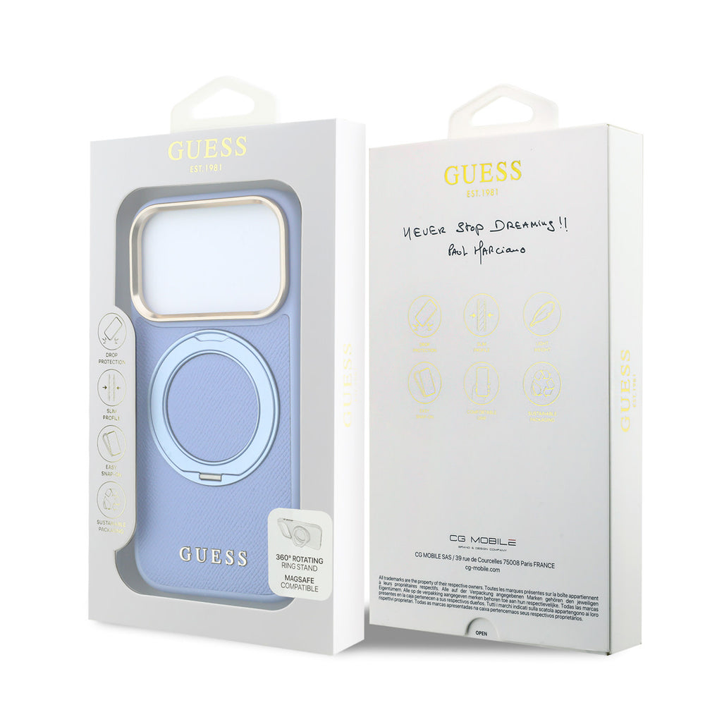 Voor- en achterkant van verpakking van lichtblauw guess telefoonhoesje