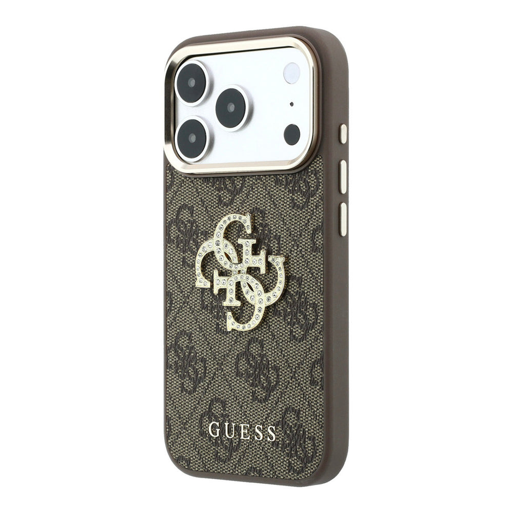 Bruin Guess telefoonhoesje met 4G-patroon en groot strasslogo, vanaf de andere zijkant