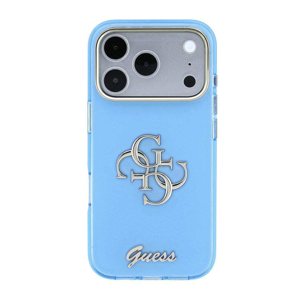 Lichtblauw Guess telefoonhoesje met 4G-logo en schriftlogo van achteren