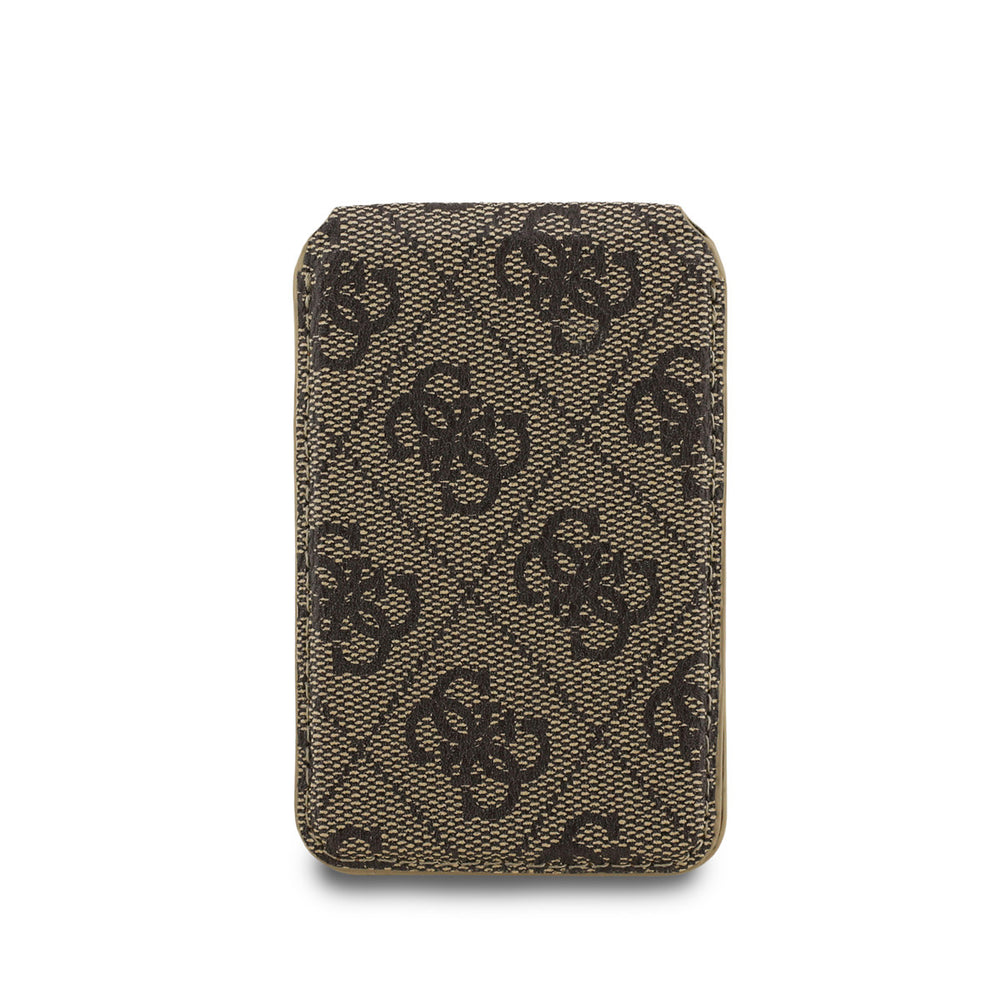 Achterkant van bruine Guess pasjeshouder met 4G-patroon