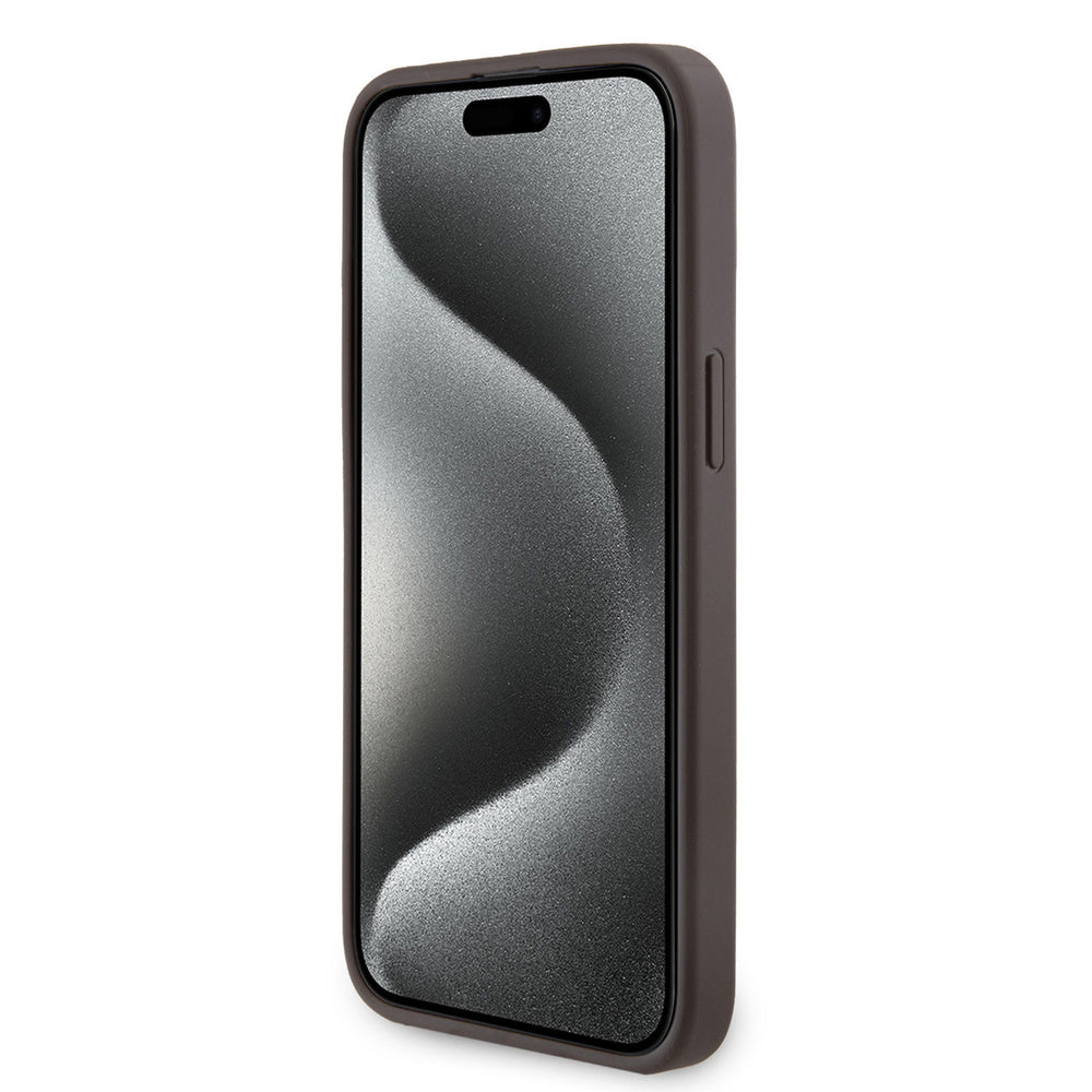 Bruin Guess telefoonhoesje, van voren op een telefoon