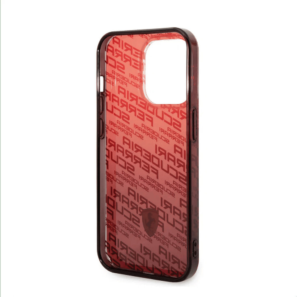 Binnenkant van rood Ferrari telefoonhoesje met letterpatroon en camera-uitsparing