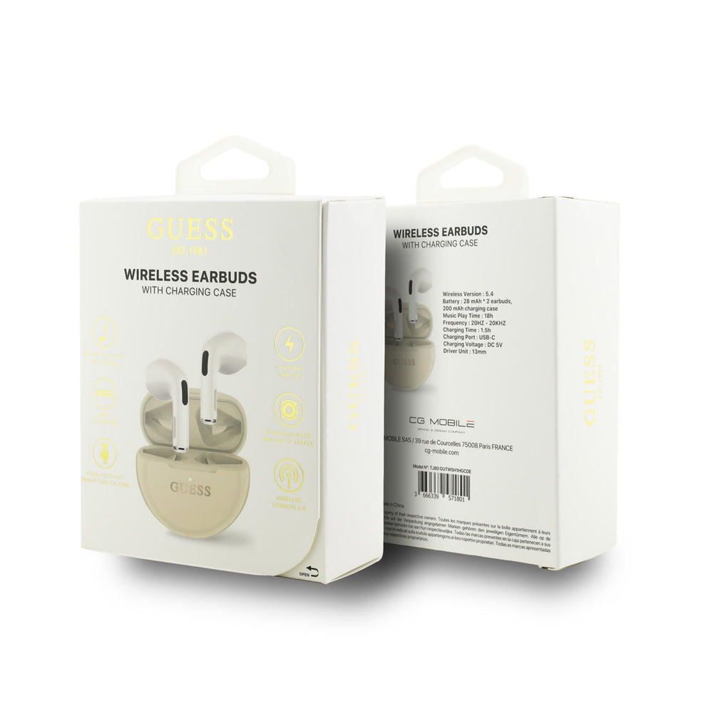 Voor- en achterkant van verpakking van Guess oordopjes met beige oplaadcase