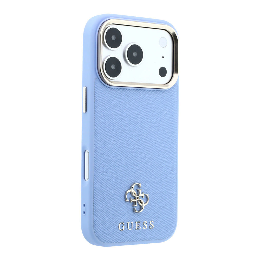 Lichtblauw Guess telefoonhoesje met klein 4G-logo, vanaf de andere zijkant