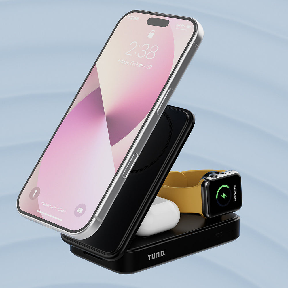 Zwarte TUNIQ laadstandaard met telefoon en smartwatch