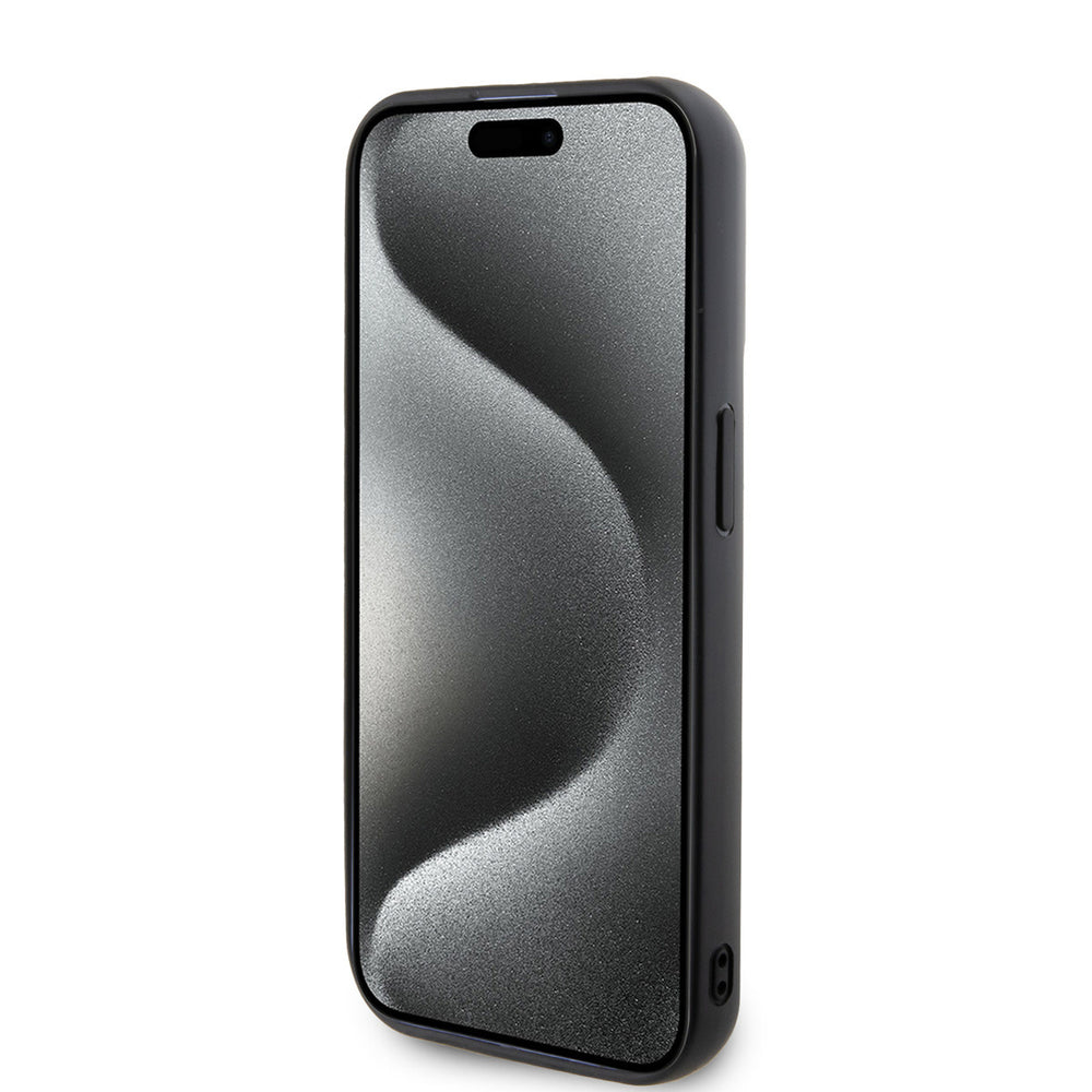Zwart Karl Lagerfeld telefoonhoesje, van voren op een telefoon