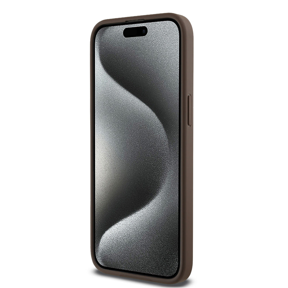 Bruin Guess telefoonhoesje, van voren op een telefoon