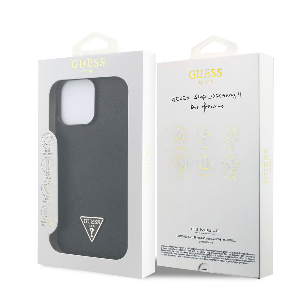 Voor- en achterkant van verpakking van zwart Guess telefoonhoesje met driehoekslogo
