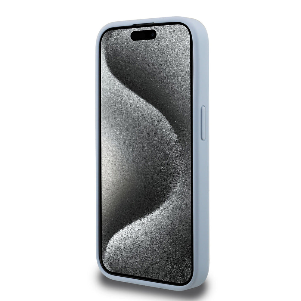 Lichtblauw Guess telefoonhoesje, van voren op een telefoon