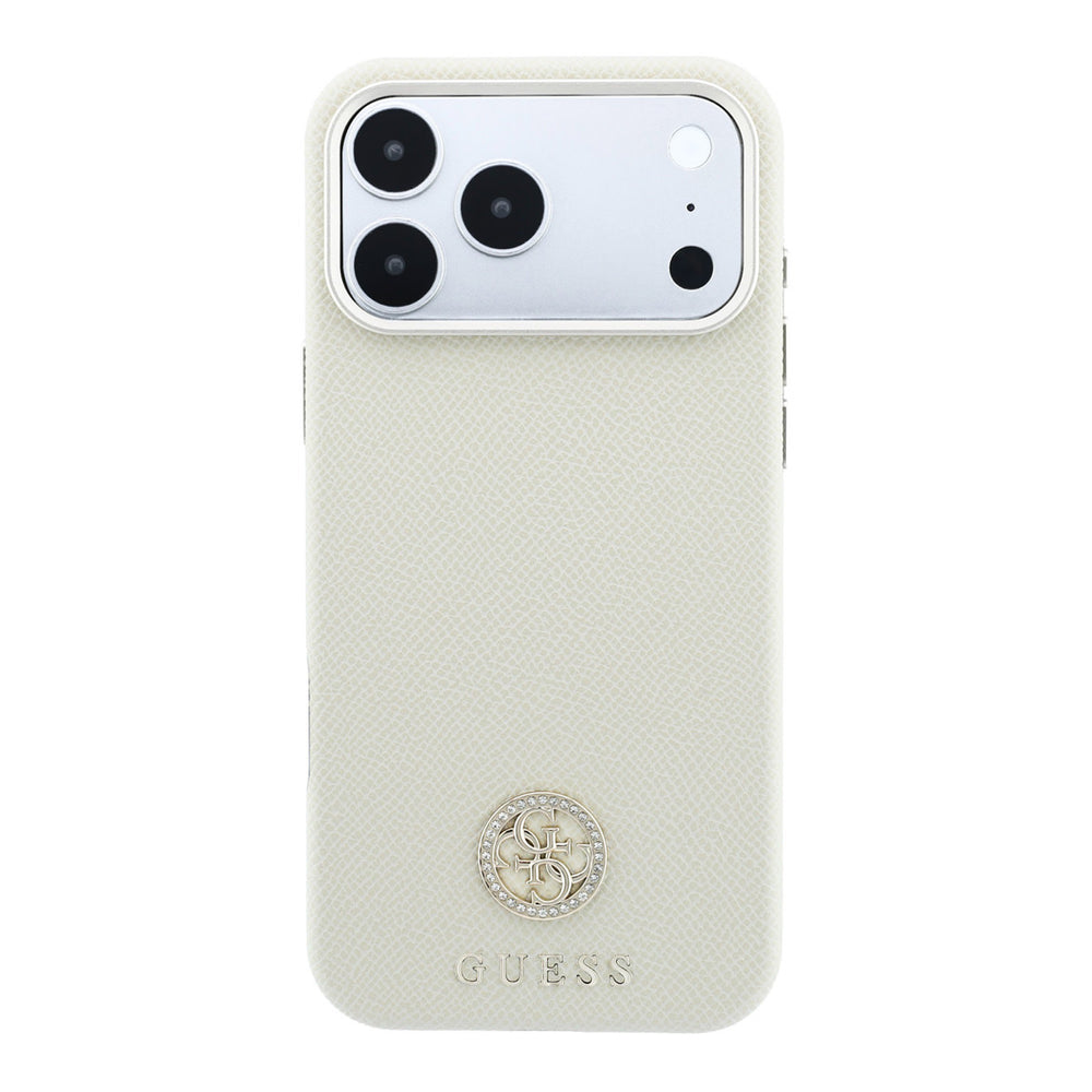 Beige Guess telefoonhoesje met rond strasslogo, van achteren