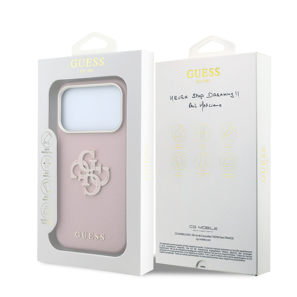 Voor- en achterkant van verpakking van roze guess telefoonhoesje