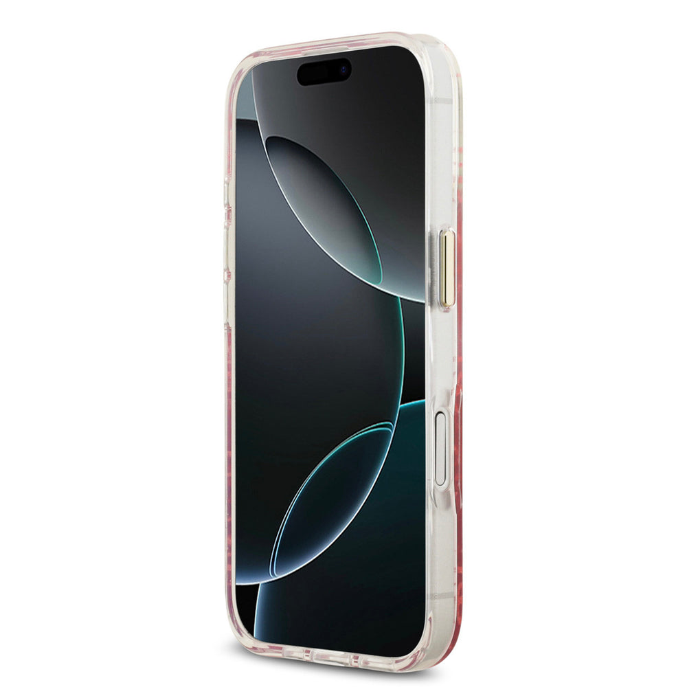 Roze Guess telefoonhoesje, van voren op een telefoon