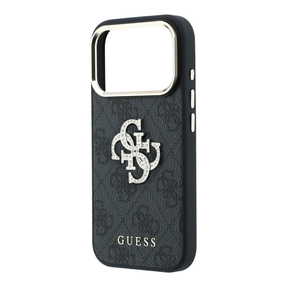 Leeg zwart Guess telefoonhoesje met 4G-patroon en groot strasslogo met camera-uitsparing