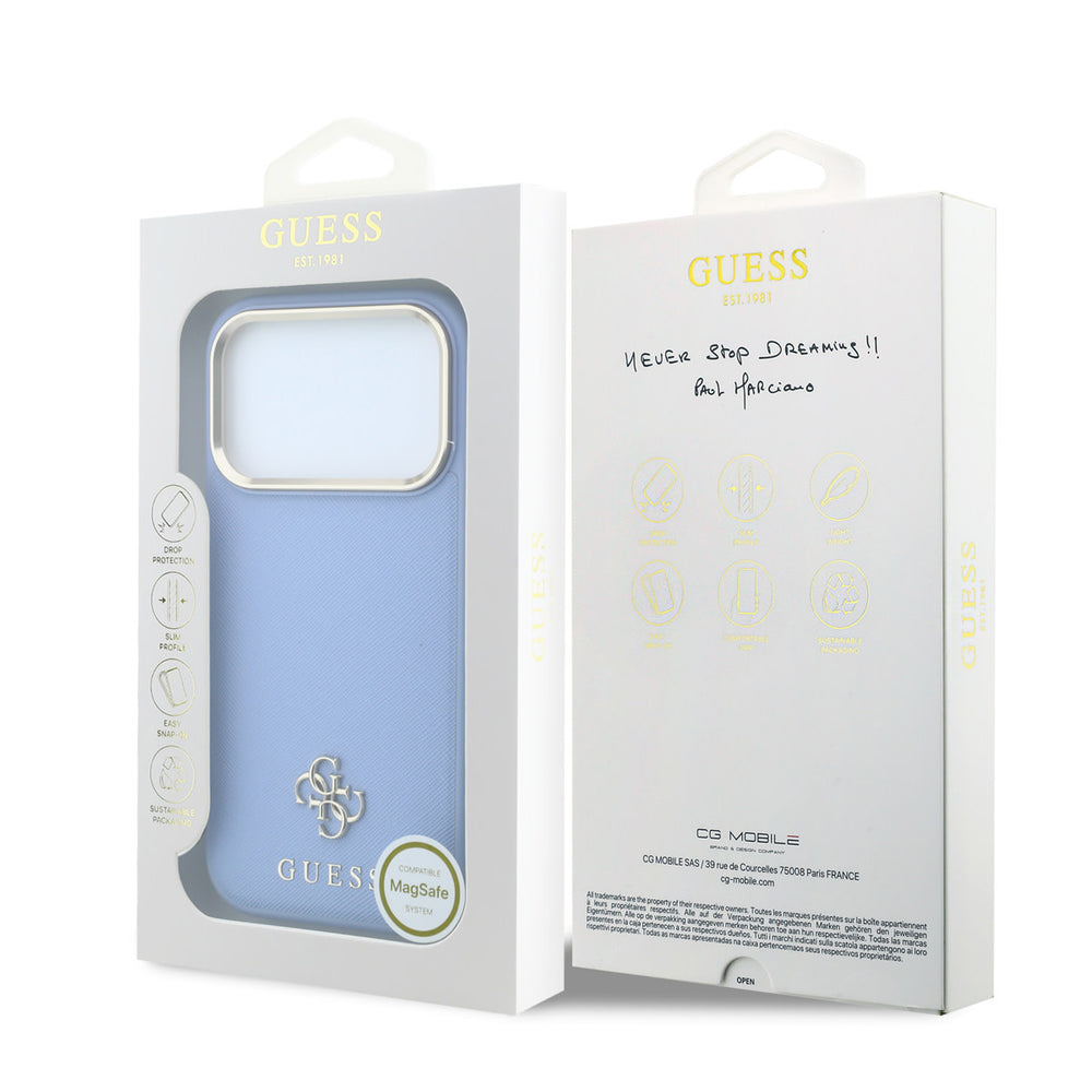 Voor- en achterkant van verpakking van lichtblauw guess telefoonhoesje