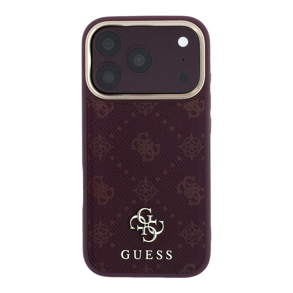 Bordeauxkleurig Guess telefoonhoesje met 4G-patroon en klein logo, van achteren