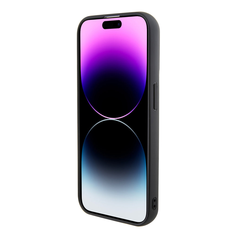Zwart Karl Lagerfeld telefoonhoesje, van voren op een telefoon