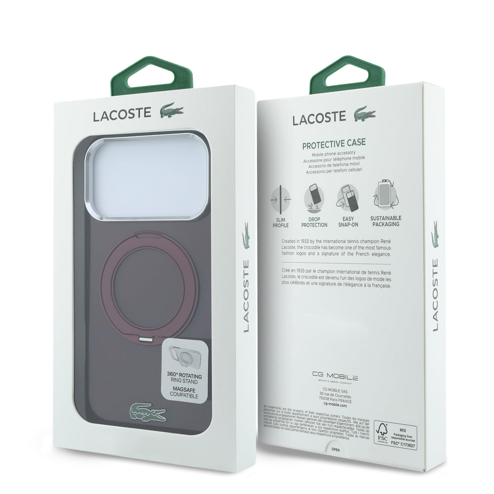 Voor- en achterkant van verpakking van donkerrood Lacoste telefoonhoesje