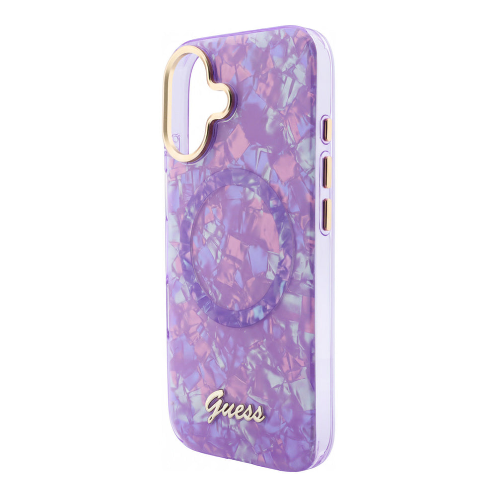 Paars Guess telefoonhoesje met parelmoerpatroon, ring en schriftlogo, zonder telefoon met camera-uitsparing