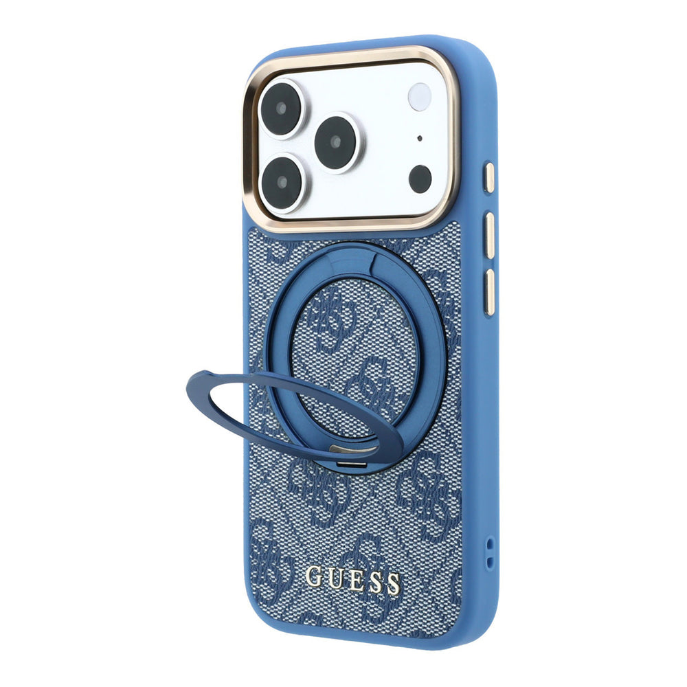 Blauw Guess telefoonhoesje met 4G-patroon met uitgeklapte ringstandaard