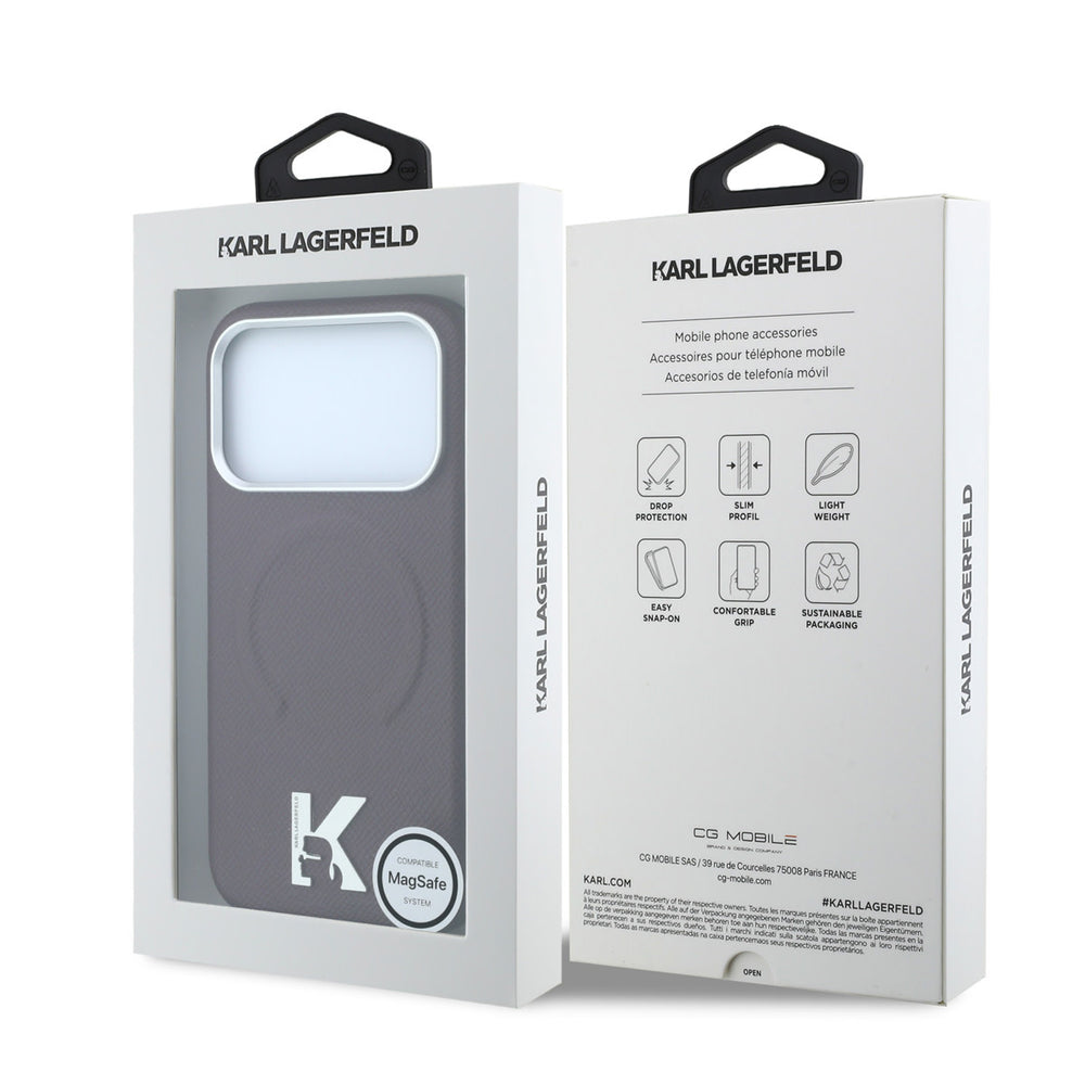Voor- en achterkant van verpakking van bordeauxkleurig karl lagerfeld telefoonhoesje
