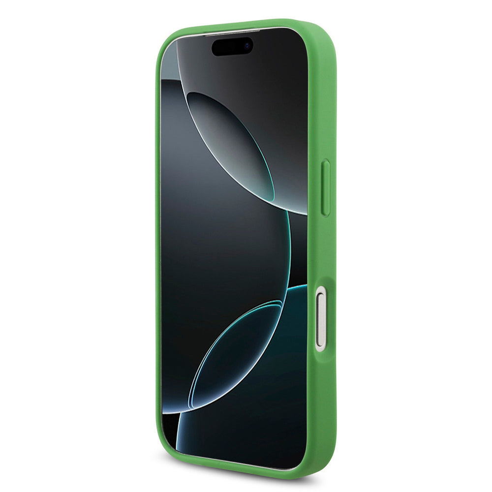 Groen Lacoste telefoonhoesje, van voren op een telefoon