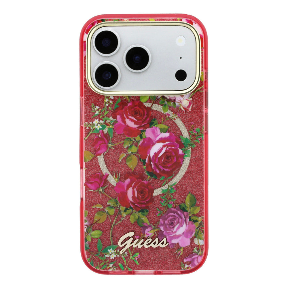 Rood Guess telefoonhoesje met rozenprint, glitters, ring en schriftlogo van achteren