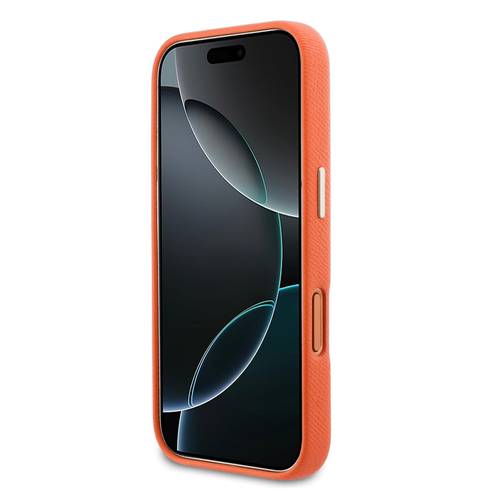 Oranje Guess telefoonhoesje, van voren op een telefoon