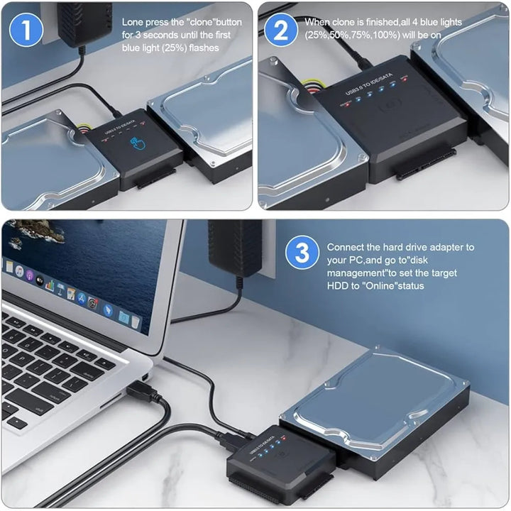 SATA & IDE naar USB 3.0 Adapter met Offline Clone Functie – Geschikt voor 2.5" & 3.5" HDD/SSD – USB 3.0 – Inclusief 12V Voeding-Ilumina Benelux
