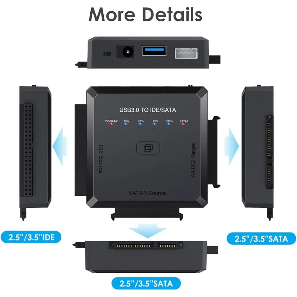 SATA & IDE naar USB 3.0 Adapter met Offline Clone Functie – Geschikt voor 2.5" & 3.5" HDD/SSD – USB 3.0 – Inclusief 12V Voeding-Ilumina Benelux
