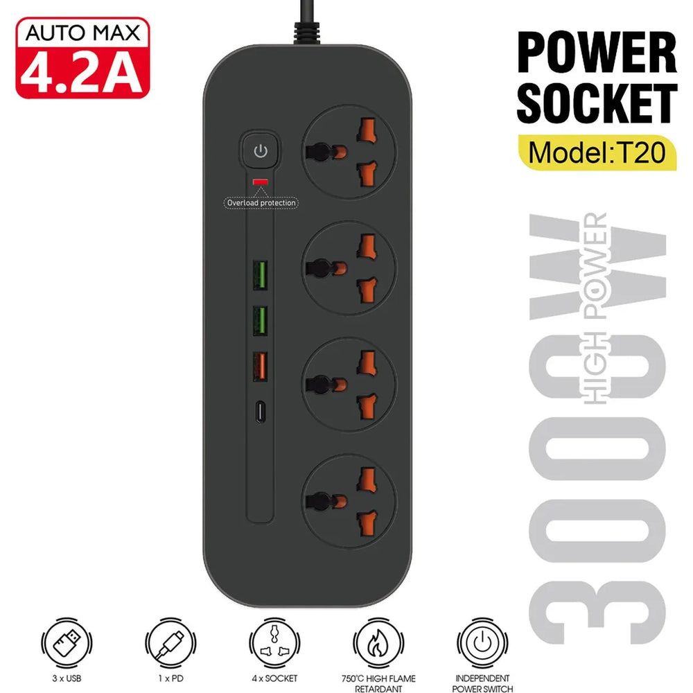 Stekkerdoos met 4 Stopcontacten, 3x USB & USB-C PD Snelladen – 3000W – 2 Meter Kabel – Overspanningsbeveiliging – Zwart