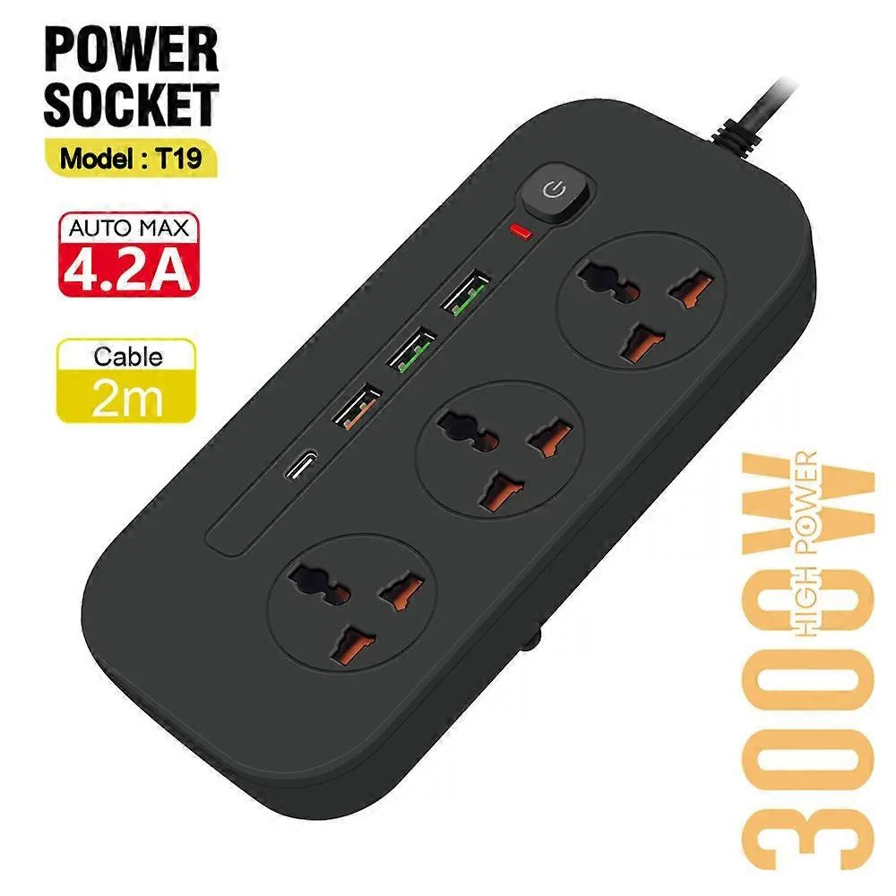 Stekkerdoos met 4 Stopcontacten, 3x USB & USB-C PD Snelladen – 3000W – 2 Meter Kabel – Overspanningsbeveiliging – Zwart