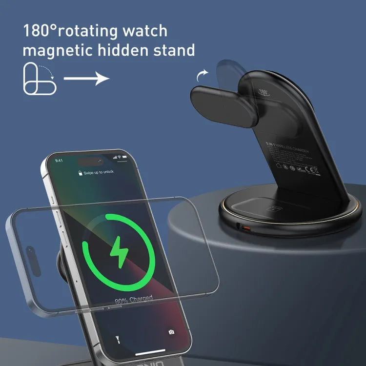 3-in-1 Draadloze Oplader – Geschikt voor MagSafe & Qi2 – 15W Wireless Charger voor iPhone 12 t/m 17, Apple Watch & AirPods – Opvouwbaar Oplaadstation