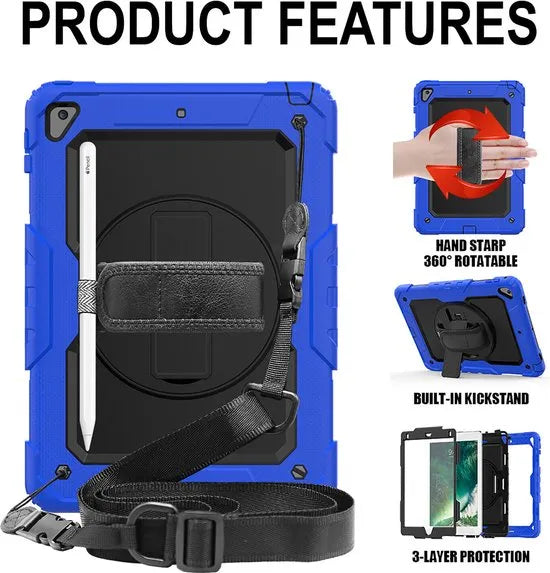 iPad Air 1/2 & iPad 9.7 2017/2018 Hoesjes – Schokbestendig – Ingebouwde Screenprotector – Handriem & Schouderriem – Blauw-Tablethoesjes-Ilumina Benelux