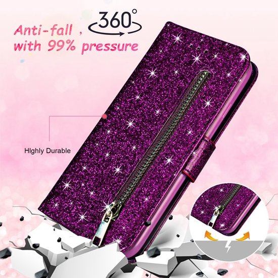 iPhone 11 Hoesjes – Glitter Portemonnee Hoes – Rits – Koord – Pasjeshouder – Paars-Ilumina Benelux