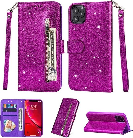 iPhone 11 Hoesjes – Glitter Portemonnee Hoes – Rits – Koord – Pasjeshouder – Paars-Ilumina Benelux