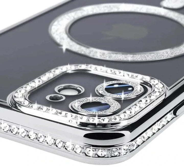 iPhone 11 Pro Hoesjes – MagSafe Glitter Backcover – Diamantjes – Glamour Design – Zilver-Ilumina Benelux