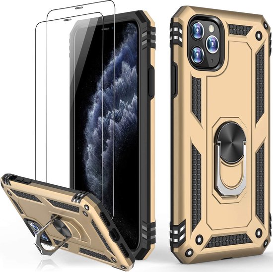Gouden iPhone 11 Pro Ring Armor backcover met schokbestendige hoes en 2x gehard glas screenprotectors.