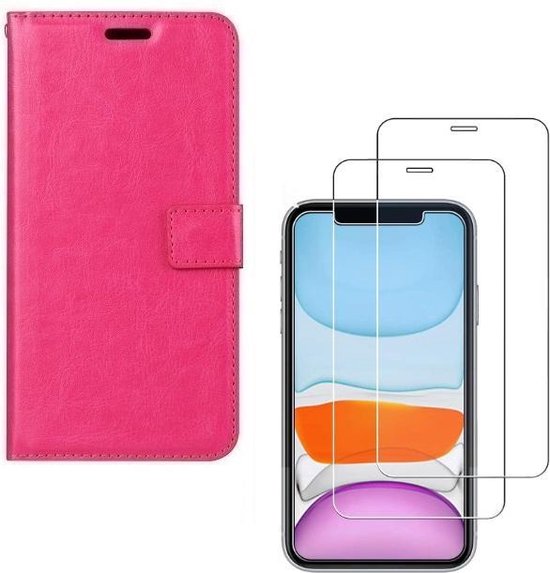 iPhone 11 Pro Max Hoesjes – Bookcase Portemonnee – Pasjeshouder – 2x Screenprotector Gehard Glas – Roze-Ilumina Benelux