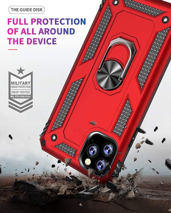 Rood schokbestendig iPhone 11 Pro Max hoesje met ringhouder en militaire bescherming.