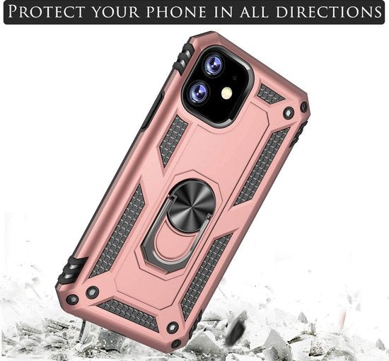 Roségoud iPhone 11 Pro Max Ring Armor Backcover met schokbestendige bumper en geïntegreerde ringhouder.