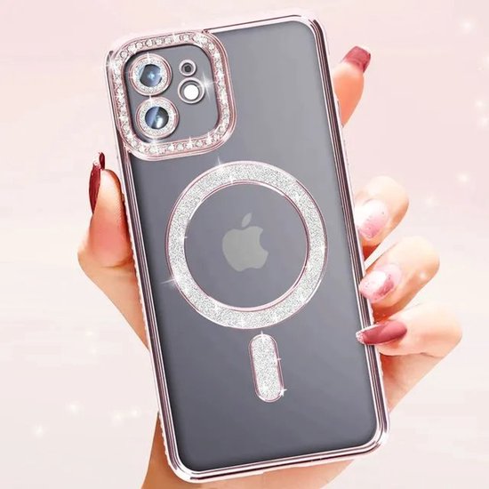 iPhone 12 Hoesjes – MagSafe Magnetische Backcover – Glitter Sparkle – Schokbestendig – Roségoud-Ilumina Benelux
