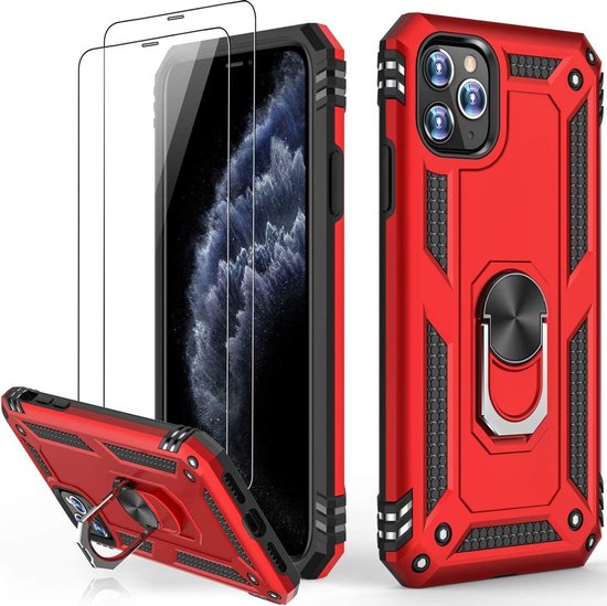 Rode schokbestendige iPhone 12 Ring Armor backcover met geïntegreerde ringstandaard en twee glazen screenprotectors.