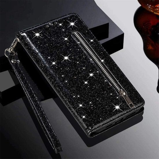 iPhone 12 Mini Hoesjes – Glitter Portemonneehoes – Ritsvak – Koord – Pasjeshouder – Zwart-Ilumina Benelux